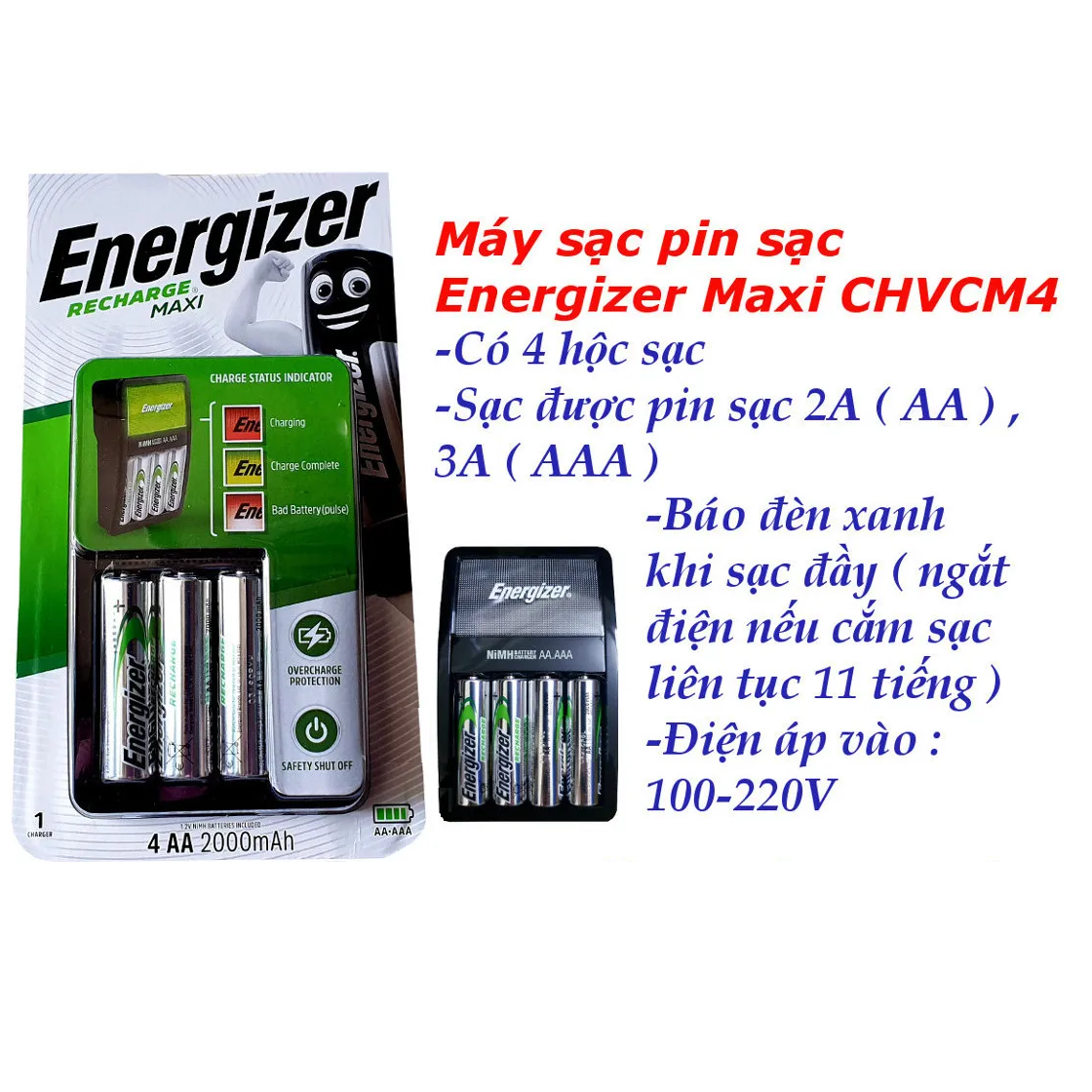 Máy Sạc Pin ENERGIZER CHVCM4 Kèm 4 Pin AA 1300mAh - Sạc Cho Pin AA Và AAA